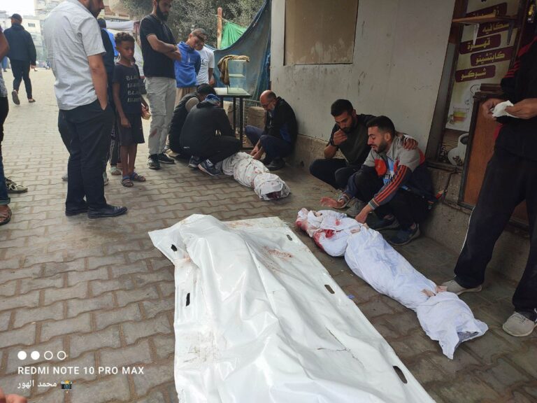 This morning in front of Al Awda Hospital in Nuseirat in the middle of the Gaza Strip... martyrs, sa