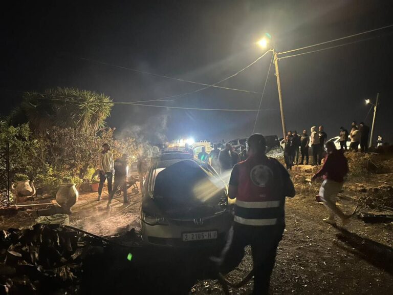 Settler militias burn the vehicle of the family of the martyr Saji Darwish during an attack on the t